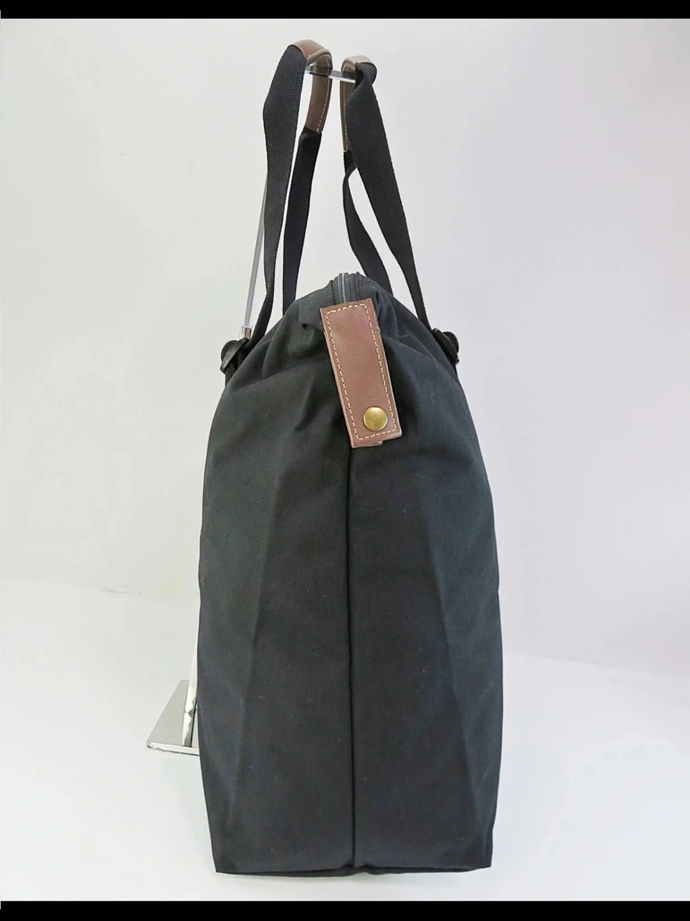 Roberta di Camerino Black Canvas Tote with Brown Trim and Gold Plaque